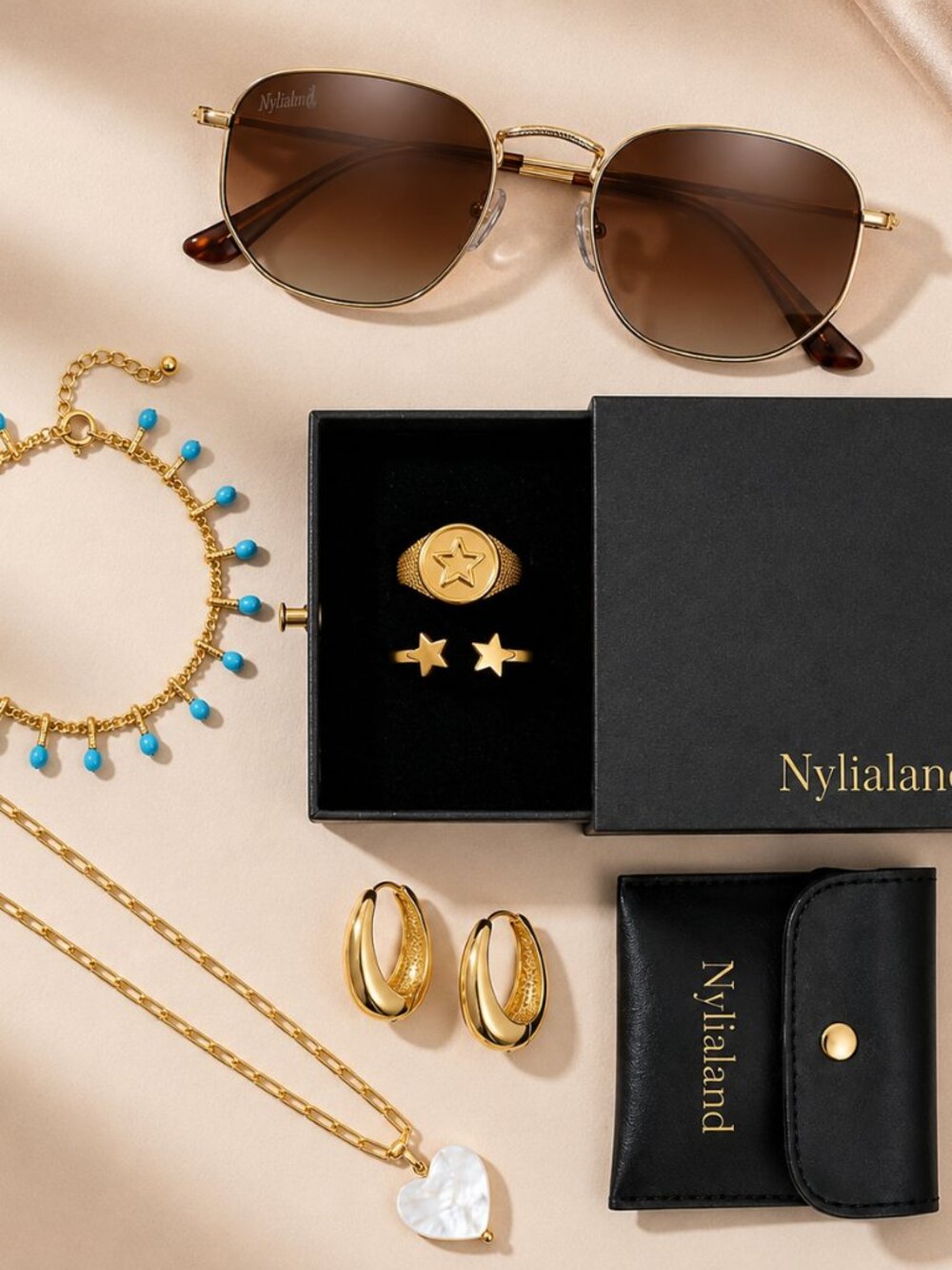 Nylialand Gold Jewelry Set | Mother of Pearl Heart & Star Signet Rings